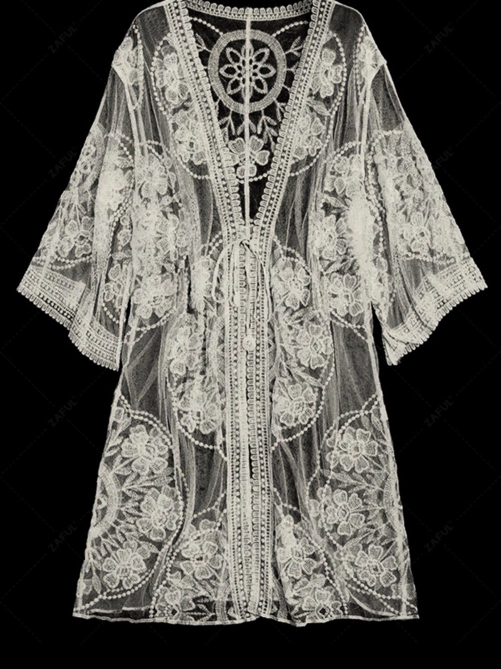 Zaful White Floral Lace Sheer Swim Coverup Kimono - Picture 3 of 3